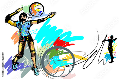 lady action hit volleyball and brush strokes style sketch ink © pichart99thai