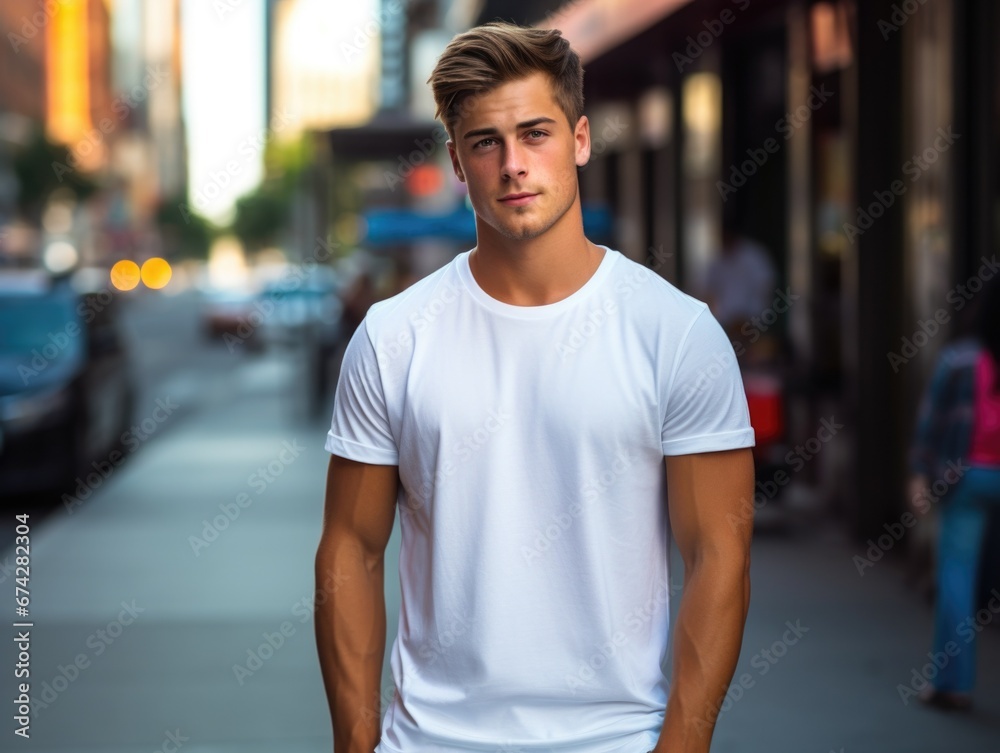 t-shirt mockup of a stylish man in a sidewalk background
