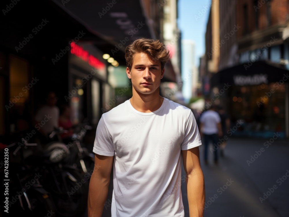 t-shirt mockup of a stylish man in a sidewalk background