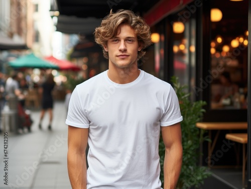 t-shirt mockup of a stylish man in a sidewalk background