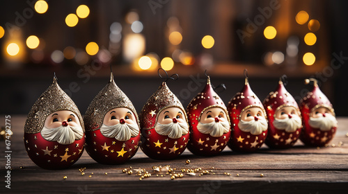 Cute, whimsical Santa Christmas tree baubles with a bokeh background. photo