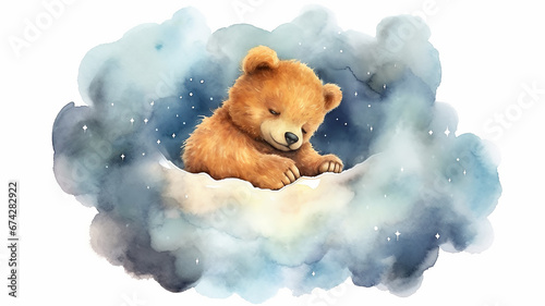 bear watercolor drawing sleeping on a cloud lullaby. photo