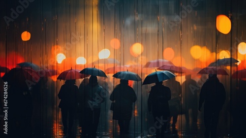 A group of people standing in the rain with umbrellas. Generative AI.