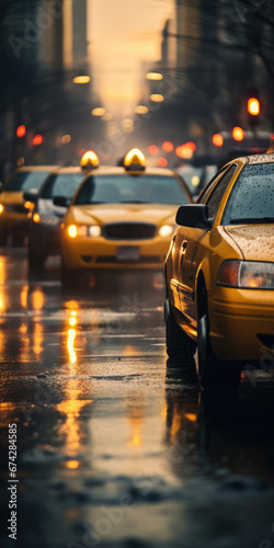 A yellow taxi cab driving down a wet street. Generative AI. © serg3d