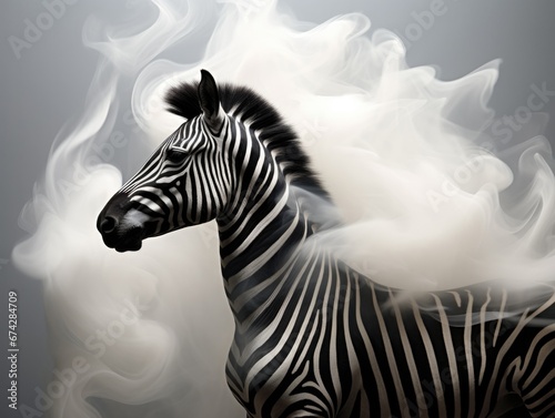 A zebra standing in front of a cloud of smoke. Generative AI.