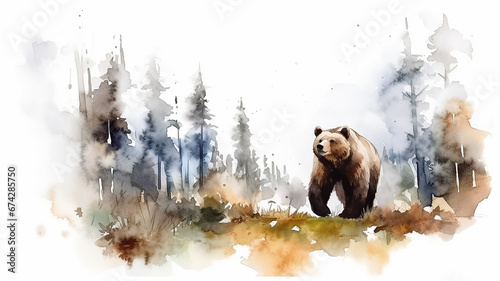 bear walks through the forest watercolor drawing painting on a white background.