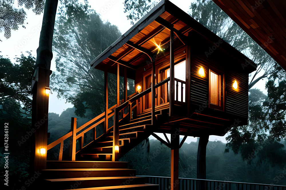 Small wooden tree houses with balcony and stairs at dramatic night. Low angle shot