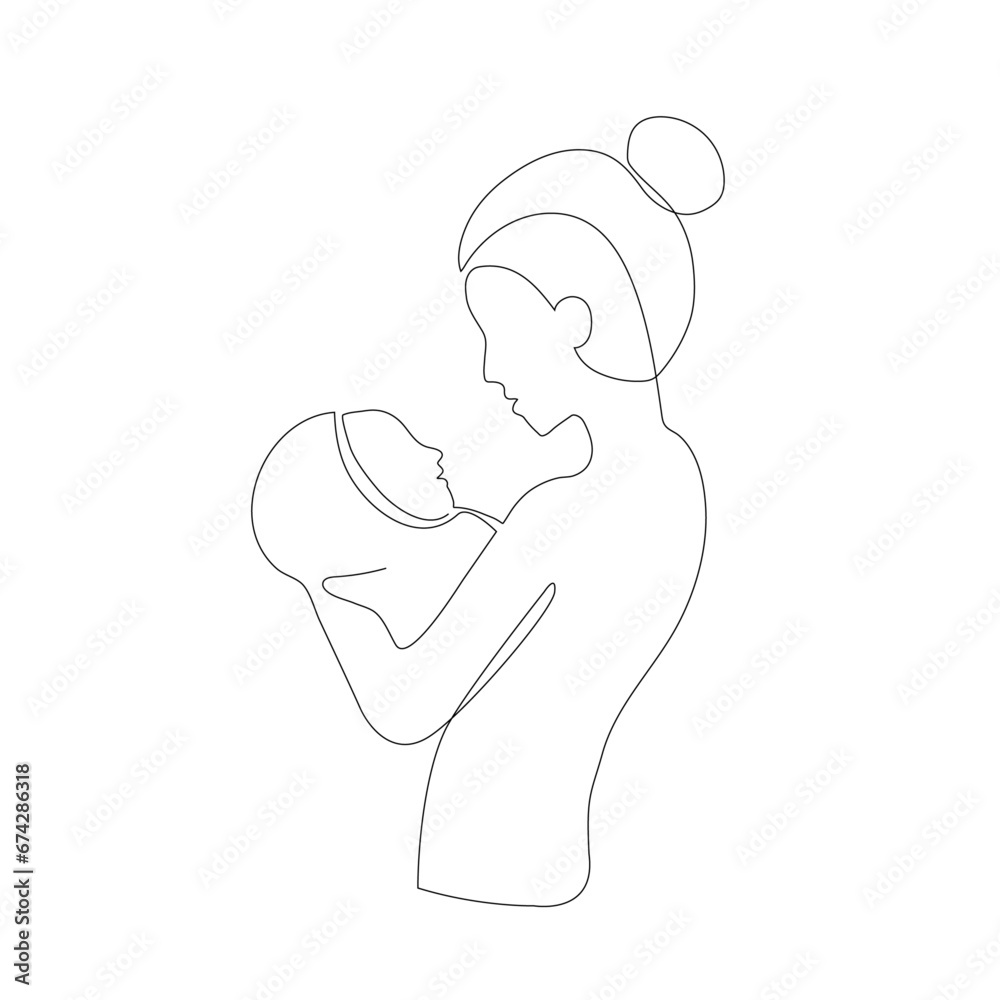 Line art,Continuous lines of mother and newborn baby Line art, human shapes, family,caring for children,love,child love
