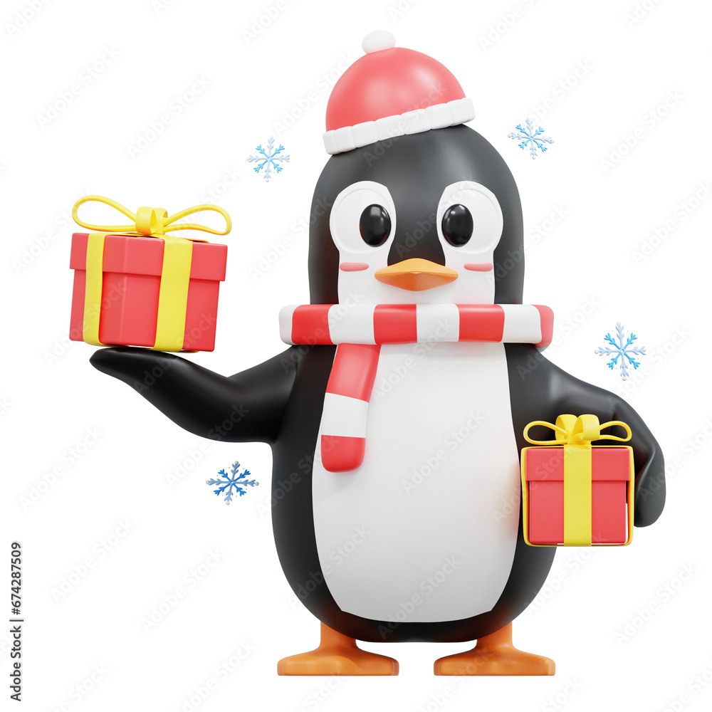 Obraz premium 3d rendering Cute Penguin Character bring some giftboxs