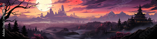 Cinematic Halloween Landscape with Haunted Mansion and Orange Sky