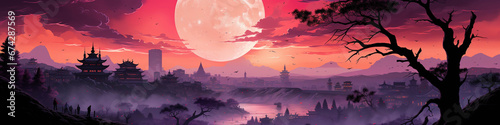 Cinematic Halloween Landscape with Haunted Mansion and Orange Sky