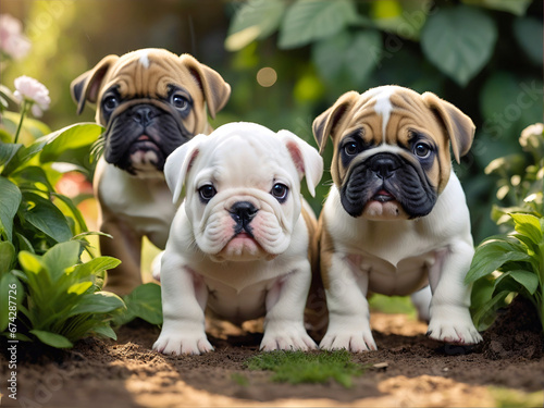 grupo de perros cachorros jugando en el jardin bulldog ingles