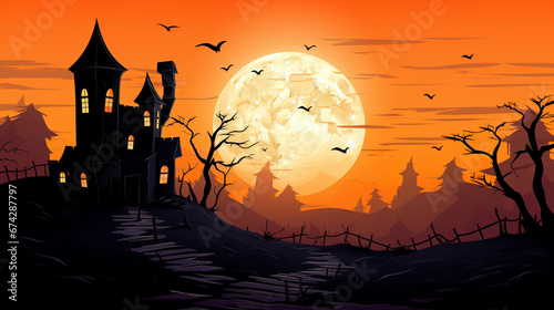 Cinematic Halloween Landscape with Haunted Mansion and Orange Sky