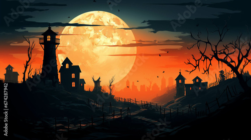 Cinematic Halloween Landscape with Haunted Mansion and Orange Sky