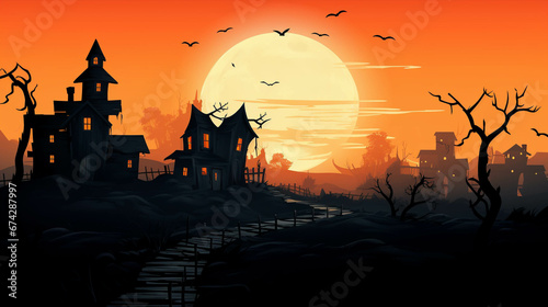 Cinematic Halloween Landscape with Haunted Mansion and Orange Sky