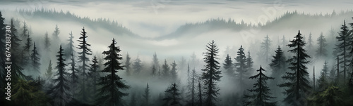 panorama of a coniferous forest in the mist of tree tops. © kichigin19