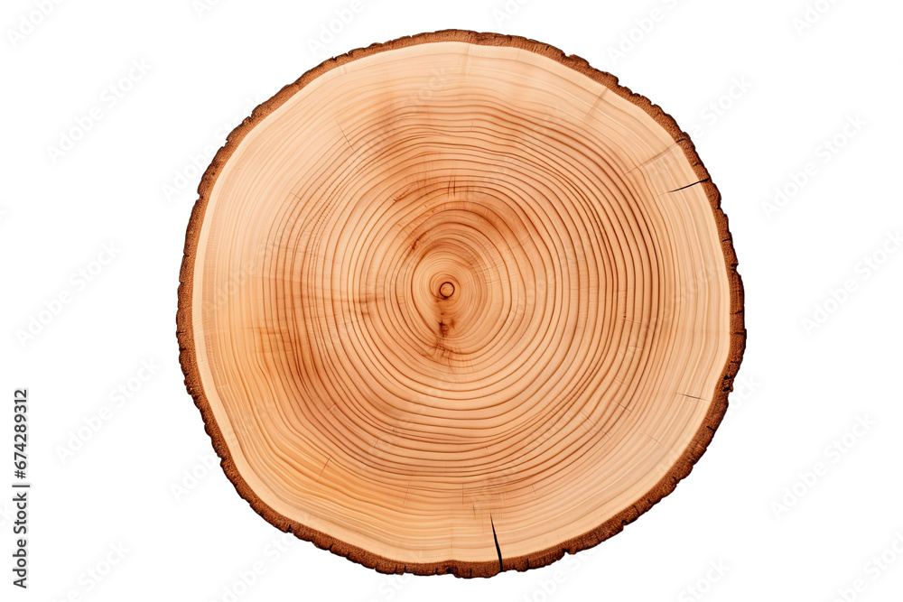 Top view of circular wood piece with annual ring isolated on white background - obrazy, fototapety, plakaty 