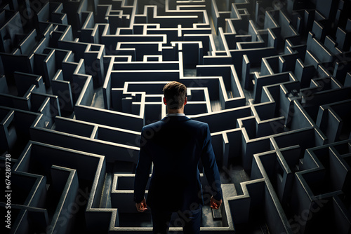 High-quality photo of a businessman attempting to navigate and find a way out of a maze,