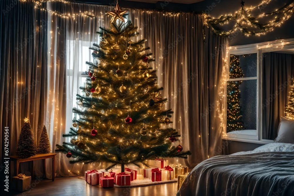 beautiful decorated christmas tree with fairy lights in bedroom interior.