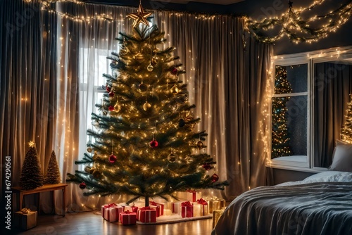 beautiful decorated christmas tree with fairy lights in bedroom interior.