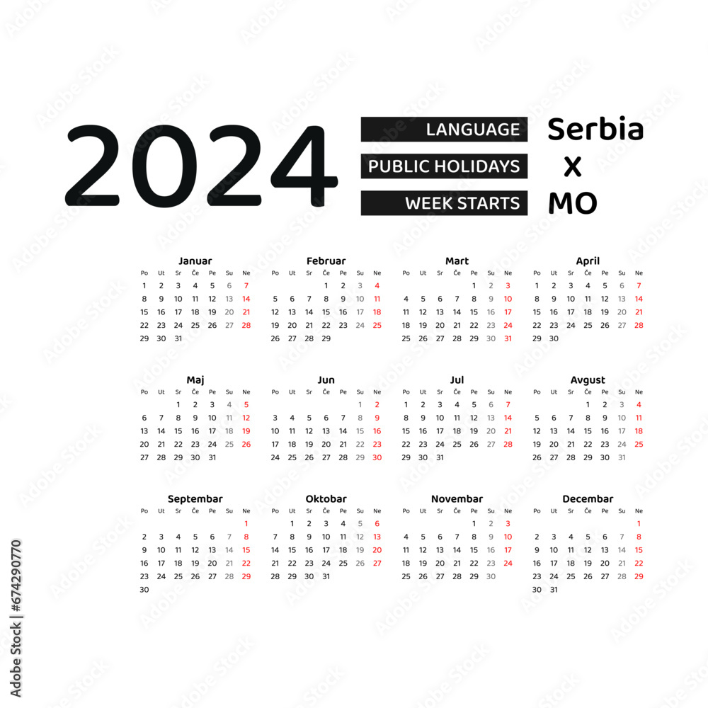 Calendar 2024 Serbian language with Serbia public holidays. Week starts from Monday. Graphic design vector illustration.