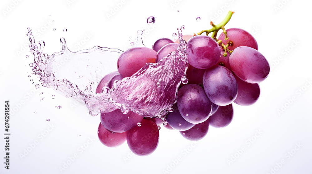 Fresh grape in water splash on white background. Juicy fruit,vine, red vine