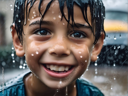 Retrato de Joven niño debajo de la lluvia photo