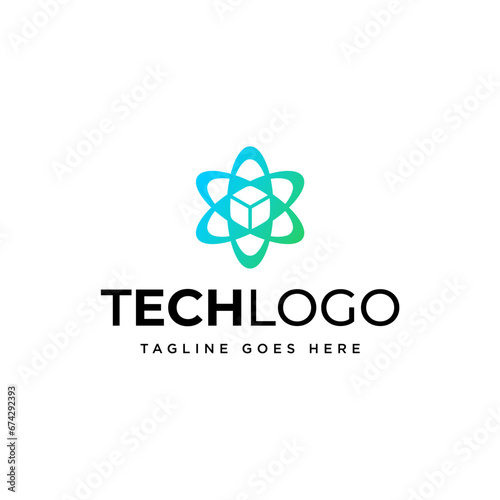 Atom cube molecule structure logo design. Molecular chemistry vector design. Scientific research logotype