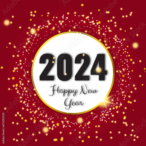 Happy 2024 New Year inscription in round frame with stars, snowflakes and sparkles. Vector illustration
