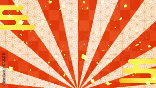 金箔が舞う紅白のおめでたいお正月背景に放射状に広がる光のアニメーション　ループ可能