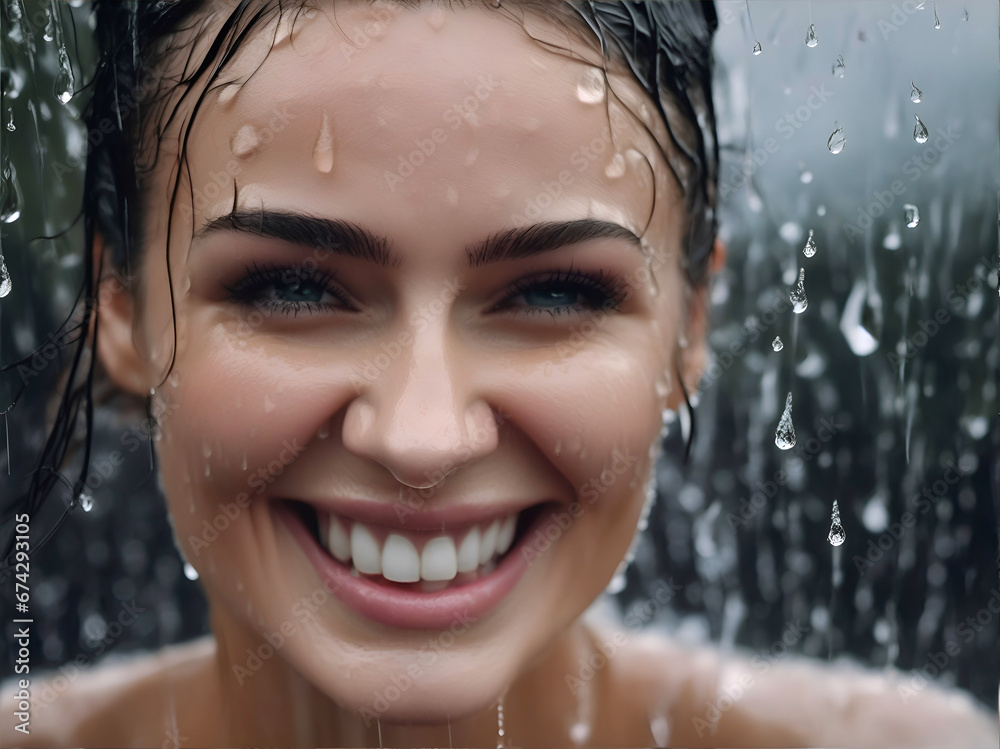 Joven mujer sonriendo debajo de la lluvia Joven mujer sonriendo debajo de la lluvia