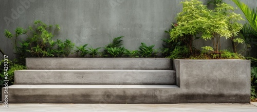 Asia style outdoor garden features a concrete staircase with a side view and lush green plantings