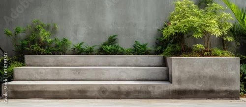 Panel kuchenny z motywem Asia style outdoor garden features a concrete staircase with a side view and lush green plantings