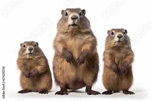cute Groundhogs family standing isolated on white photo