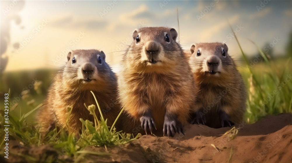 Fototapeta premium cute Groundhogs family standing in a meadow, long shot view, wide view, sunlight