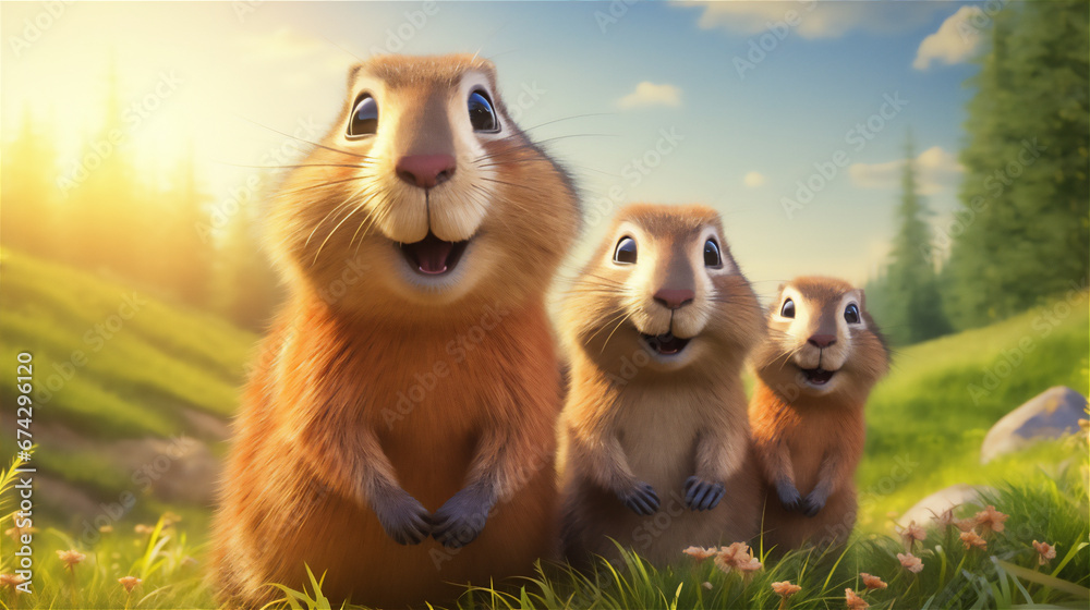 cute Groundhogs family standing in a meadow, long shot view, wide view, sunlight cute Groundhogs family standing in a meadow, long shot view, wide view, sunlight
