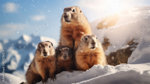 cute Groundhogs family standing in a meadow, long shot view, wide view, sunlight © Maizal