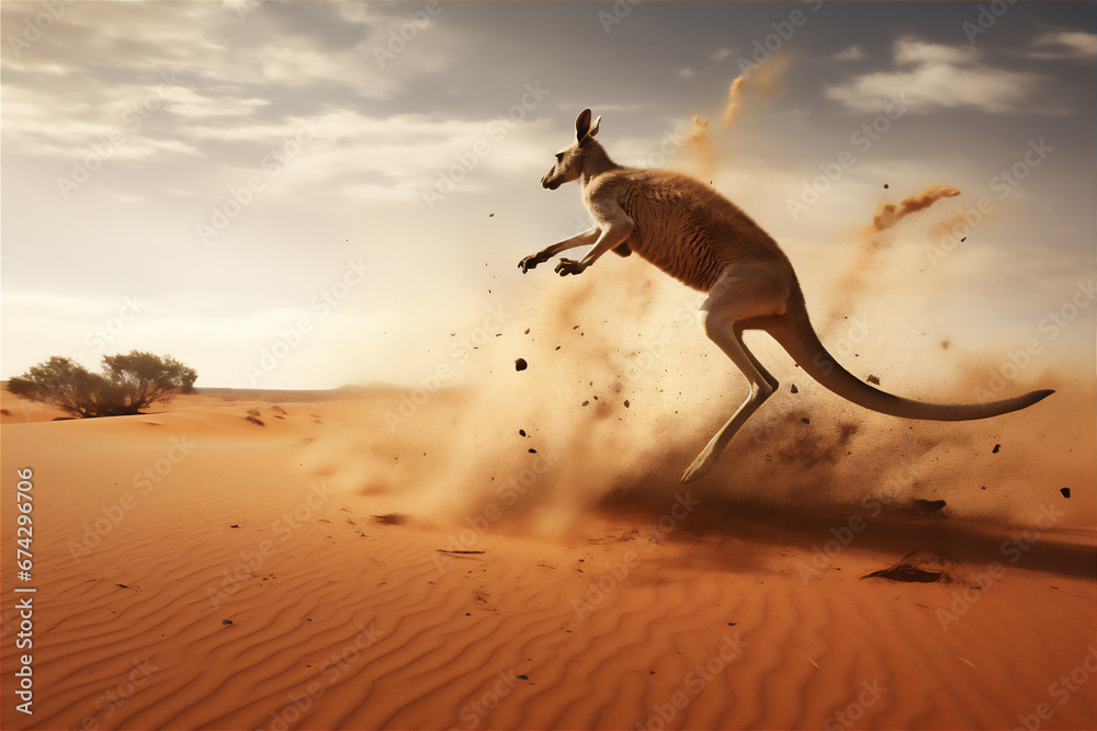 Jumping Kangaroo in the desert, side view, dust scattered everywhere Jumping Kangaroo in the desert, side view, dust scattered everywhere