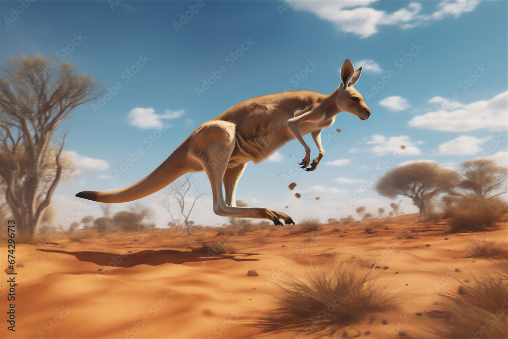 Jumping Kangaroo in the desert, side view, dust scattered everywhere Jumping Kangaroo in the desert, side view, dust scattered everywhere