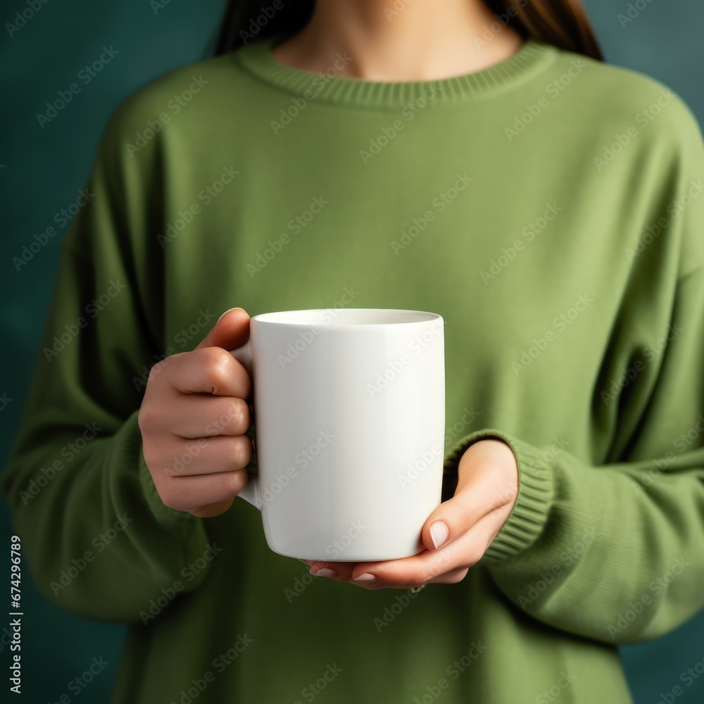 Girl in a green sweater holding a white mug Girl in a green sweater holding a white mug
