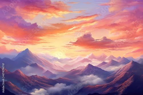 Autumn sunrise with a cloudy sky over the mountains; An abstract, colorful, and peaceful sky background