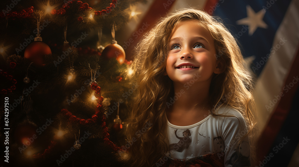 Festive USA Kid Portrait by the Christmas Tree Delighting in Holiday Joy Xmas Decoration Festive USA Kid Portrait by the Christmas Tree Delighting in Holiday Joy Xmas Decoration