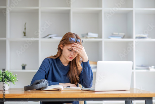 Young teenager asian woman prepare learning study listen from online class video call zoom google meet discord, Asian woman stressed about learning studying concern nervous serius anxious