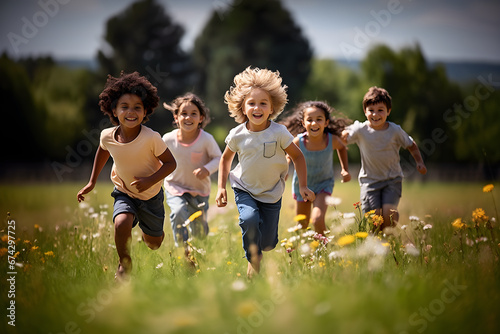 Fototapeta Naklejka Na Ścianę i Meble -  Multiracial group of various diverse children running and play to gether in park and smiling for the camera. Cute boy and girl looking at the camera. Ai