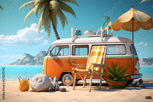Fototapeta Naklejka Na Ścianę i Meble -  Ready for summer travel. Orange van with palm tree, beach chair and beach accessories. Summer and holiday concept. Ai generative