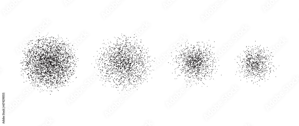 Stippled radial brush stroke set. Grain gradient circle collection. Grunge sprinkle spray texture. Dirty dust or sand noise round elements. Rough splashed stains spots vector pack. Splattered dots  - obrazy, fototapety, plakaty 