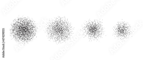 Stippled radial brush stroke set. Grain gradient circle collection. Grunge sprinkle spray texture. Dirty dust or sand noise round elements. Rough splashed stains spots vector pack. Splattered dots 