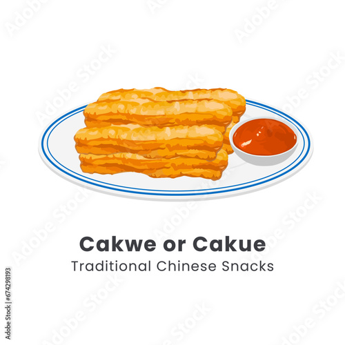 Cakwe or Cakue on plate. Cakwe is one of traditional Chinese snacks with savory taste. Vector illustration