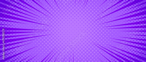 Purple radial dotted comic background. Speed lines wallpaper with pop art halftone texture. Anime cartoon rays explosion backdrop for poster, banner, print, magazine, cover. Vector illustration