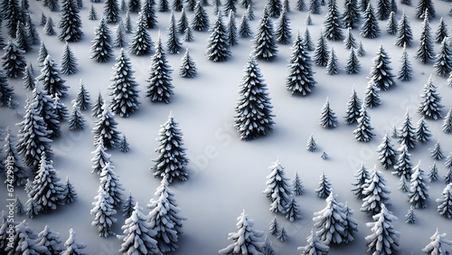 Winter pine tree forest covered with snow, aerial view. Merry christmas and happy new year background.
